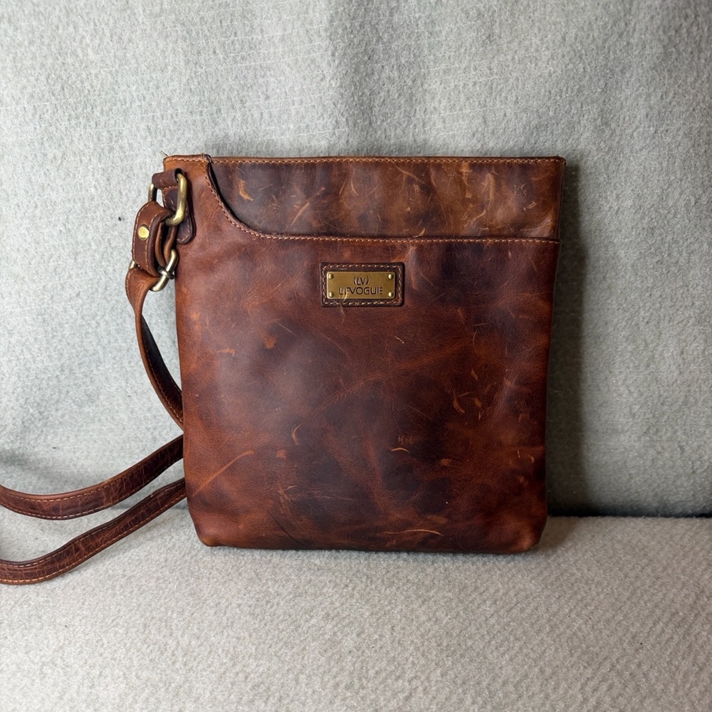 LeVogue Rich Brown Distressed Leather Crossbody Bag NWOT